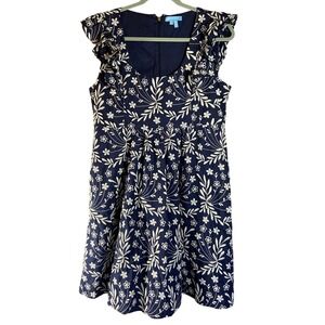 Draper James Navy Blue Floral Embroidered Flutter Sleeve Dress Size 12 Brunch